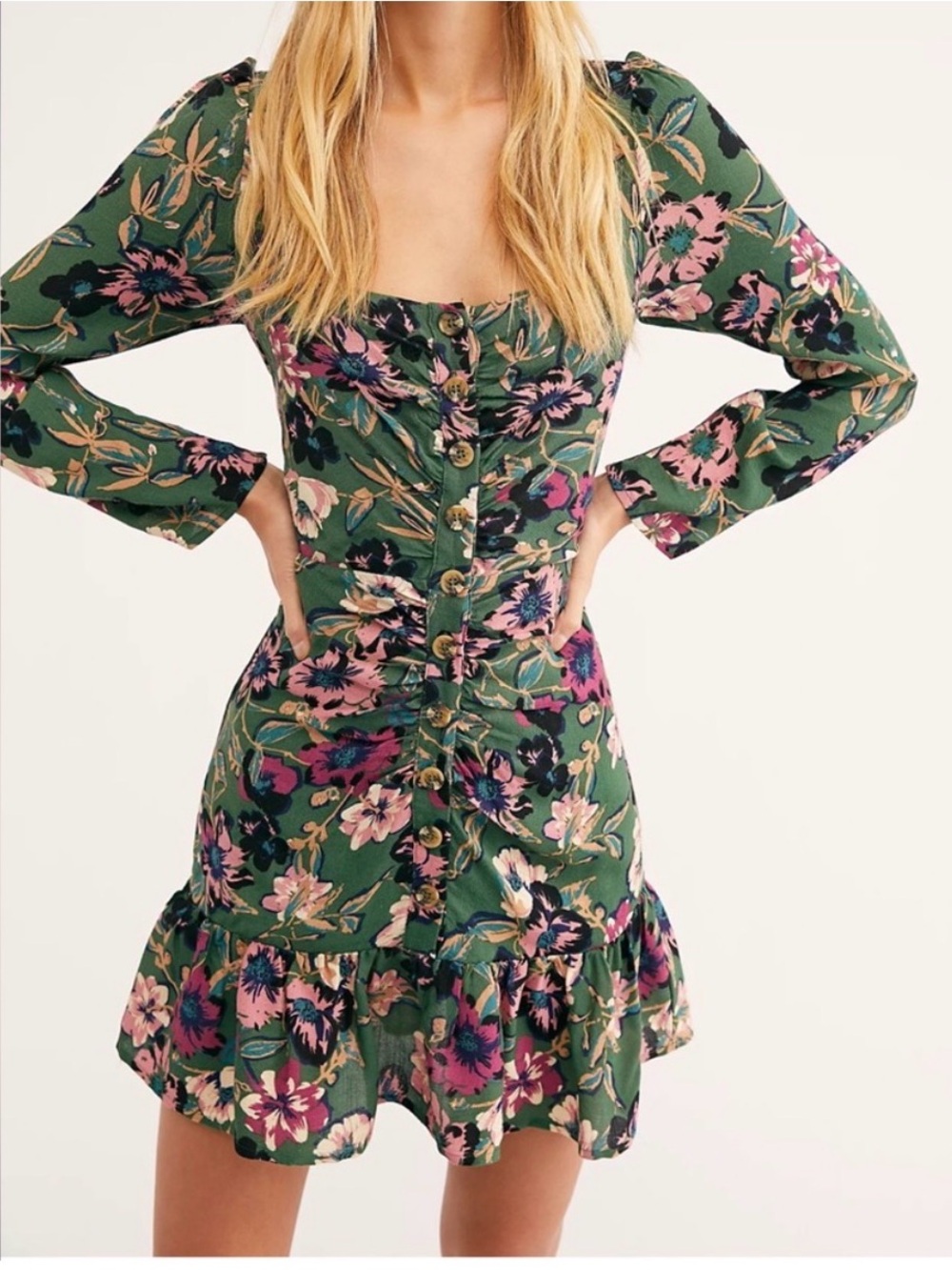 Free People | Forever Floral Dark Green Button-Front Mini Dress